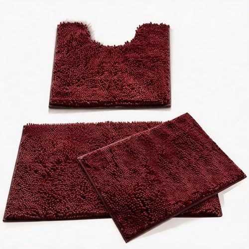 MEGAROOM Chenille Badezimmerteppich Set 3 Teilig, Ultra-weich Badematte & U Förmige wc Vorleger, Antirutsch Badezimmer Set Waschbar für Badezimmer, WC, Wohnzimmer, Schlafzimmer, Burgunderrot