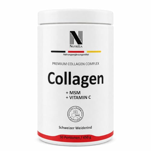 Nutrilla Premium Collagen Komplex – Hoch wirksame Formel aus MSM und Vitamin C – Komplett Geschmacksneutral ohne Zusätze - starke Knochen und Gelenke - schöne Haare, Haut und Nägel