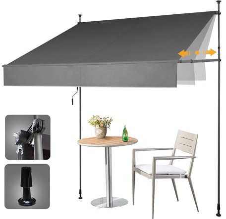 HOMEDEMO Tenda da Sole a Morsetto con Bracci innovativi allungabili, 350cm x (120-150) cm Grigio, Copertura Balcone & Terrazzo Regolabile, Impermeabile e Anti-UV, Montaggio Senza Perforazioni