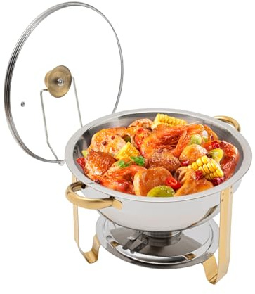 5 l Chafing Dish Profi, rund värmebehållare rostfritt stål varmhållningsbehållare, matvärmare värmebehållare med upphängningslock, matvärmare för catering, buffé och fest, silver och guld