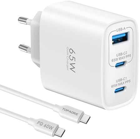 TOPADRE 65W USB C Charger, 3 Ports Fast Charger Plug with QC 4.0/PPS/PD 3.0, UK USB C Plug for MacBook Pro/Air, iPad Pro/Air, for iPhone 17 Air/16/15 Pro Max, for Galaxy S25/S24/S23/S22, Laptop, White