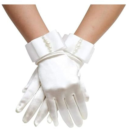Esshogo Hochzeit Bankett Kleid Handschuh Kurz Satin Handschuhe, Bankett Handschuhe Tee Party Tanzen Handschuhe Für Hochzeitsfeiern Kurze Brauthandschuhe mit Perlen(Weiß)