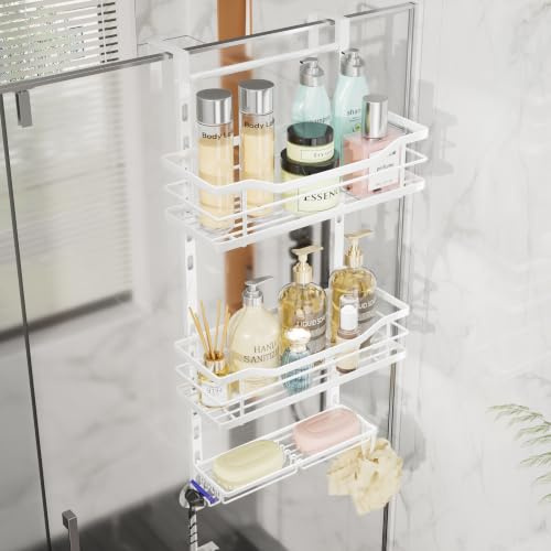 SWTYMIKI Duschablage Zum Hängen Verstellbar - Edelstahl Duschregal Hängend | Duschregal Zum Hängen Duschablage Hängend für Glastür, Duschregal Aus mit Haken & Seifenhalter, Shampoo Halterung für Dusche