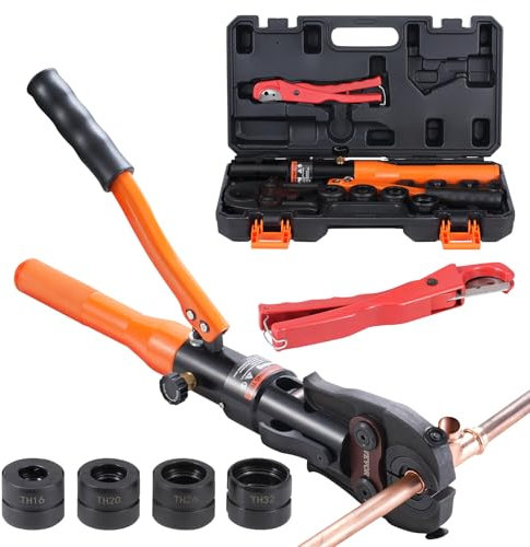 VEVOR Utensile per Crimpatura Idraulica per Raccordi per Tubi in Rame, Pinza Pressatura con Ganasce a Cambio TH16, TH20, TH26, TH32, kit Pressa Girevole a 360° Raccordi a T Azionati Idraulicamente