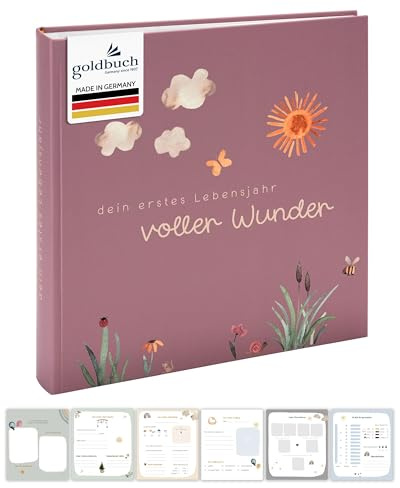 goldbuch 15 511 Babyalbum voller Wunder Wiese mit Blumen-Motiv, Fotoalbum mit 58 weißen Blankoseiten, Pergamin & 4 illustrierte Seiten, Baby Album Einband mit Goldprägung, ca. 30 x 31 x 4 cm, Altrosa