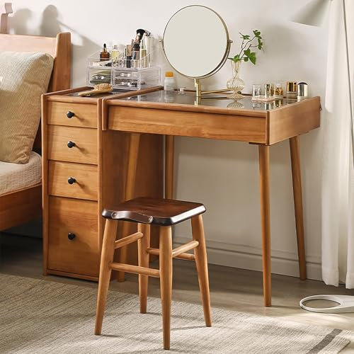 Schminktisch aus Holz mit 360° schwenkbarem Spiegel und Glas-Arbeitsplatte, Make-up-Set für Schlafzimmer, mit Beistellschrank und Hocker