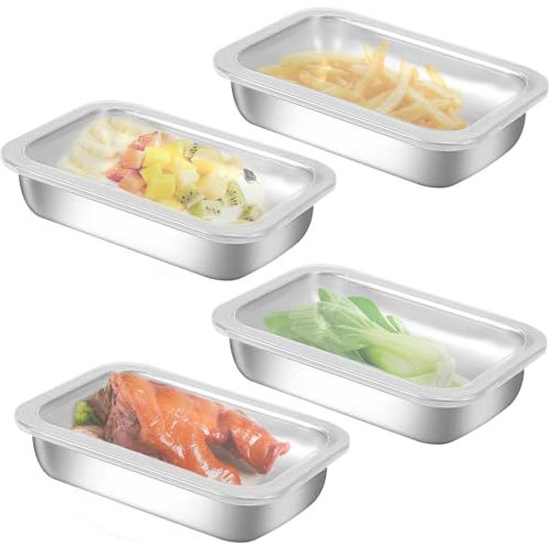 Ourdort Set mit 4 Aufschnittbox Fresh, Edelstahl Aufschnittboxen, Stapelbare Edelstahl-Box, Hochwertige Aufschnitt-Boxen Für Wurstaufschnitt Käseaufschnitt (Mit transparentem Deckel)