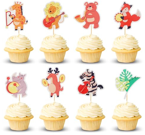 Arthsdite 24Pcs Jungle Animals with Musical Instrument Cupcake Toppers Lion Bear Fox Zebra Cupcake Picks Tropical Leaves Cake Party Decorations