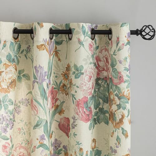 French Country Vorhänge, 160 cm Länge, 2 Paneele, Leinenstruktur, Vintage, viktorianische Rosen, Blumen, Muster, Schlafzimmer, Vorhänge, Sichtschutz, halbtransparent, Cottagecore-Blumenvorhang