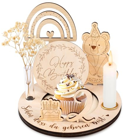 HOUISM Geburtstagsteller aus Holz, Personalisierter Geburtstagskranz, mit Zahlen 0-9, Kerzenhalter, Regenbögen, Getrocknete Blumen, Geburtstagsdeko für Kinder Geschenk