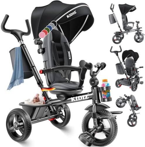 KIDIZ® Tricycle 5 en 1 jogger avant et arrière, panier, sac porte-gobelet, toit pare-soleil, roues en caoutchouc