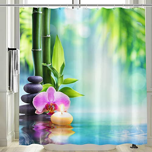 Vgzsyomqib Duschvorhang 180x180 Anti Schimmel Zen Dusche Vorhang Curtain für Badewanne Wasserdicht Stoff Shower Curtains Bambus Orchidee Motiv Duschvorhänge Waschbar Textil, Grün Blau