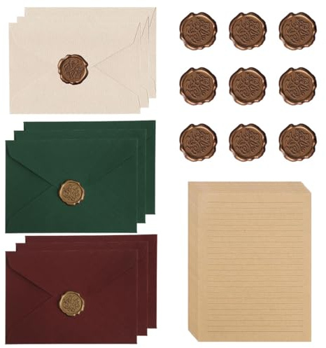Set Di Vintage Carta da Lettere con 9 Buste in Carta Kraft Vintage, 20 Carta Vintage Carta da Lettere e 9 Adesivi con Sigillo di Cera, carta da lettere elegante per inviti di nozze, compleanno, egalo