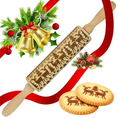 VGECEE Rouleau à Pâtisserie en Bois de Noël, Rouleaux à Pâtisseries, avec Motif de Noël, Rouleau à Pâtisserie Gravé Rouleaux à Pâtisseries 3D pour DIY et la Décoration Fondant, Gâteau, Pâte, Pizza