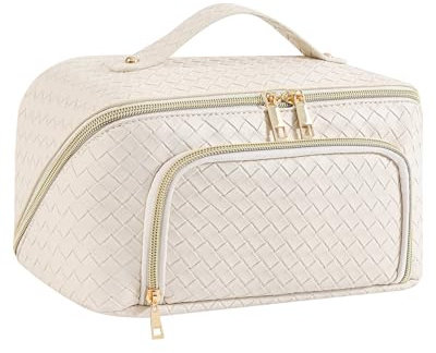 Neusky Groß Kosmetiktasche Schminktasche wasserdichte PU-Leder Reise Make-up-Tasche mit Große Weit Offener Tasche für Damen Frauen (Vintage-Beige 2025)