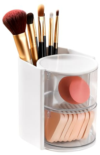 Schminktisch Organizer Drehbar, Make Up Organizer Drehbar 180°, Makeup Organizers, 2 Ebenen Pinselhalter Kosmetik Aufbewahrung Organizer für Badezimmer Schminke Cosmetic Skincare Organisation