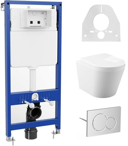 Vorwandelement WC Set Komplett – Höhenverstellbares Hänge-WC mit D-Form Sitz & Absenkautomatik, Spülkasten mit Schallschutz, Wassersparend (3/6L), 500kg Tragkraft – Weiß, Modern & Hygienisch