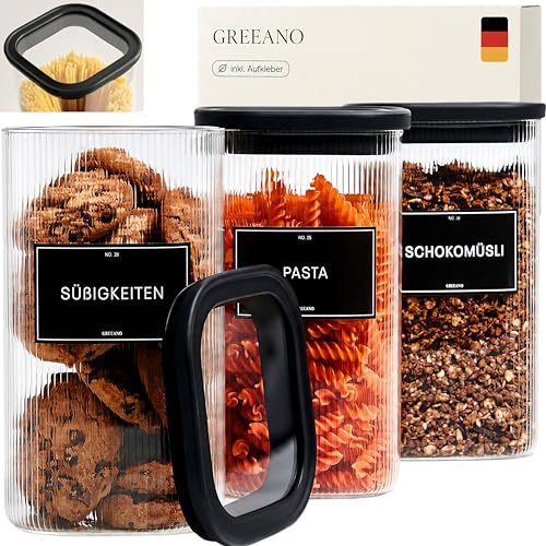 Greeano Riffel Vorratsgläser eckig mit Glasdeckel 1200ml [3er Set] | luftdicht & mottensicher | Vorratsdosen Glas | Aufbewahrungsgläser Küche für Lebensmittel, Nudeln, Mehl, Müsli, Kaffee