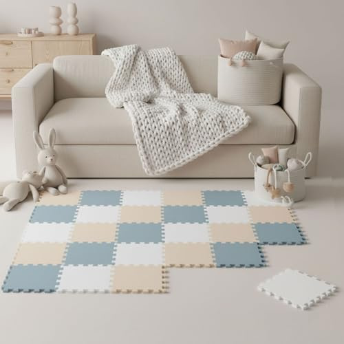 LittleTom Spielmatte Baby Puzzlematte Pastellfarben - 27 Matten je 30x30 cm Krabbelmatte 270x90 cm Bodenmatte Kinder - Puzzle Teppich Kinderzimmer - Bodenschutzmatte Spielteppich Eva Schaumstoffmatte
