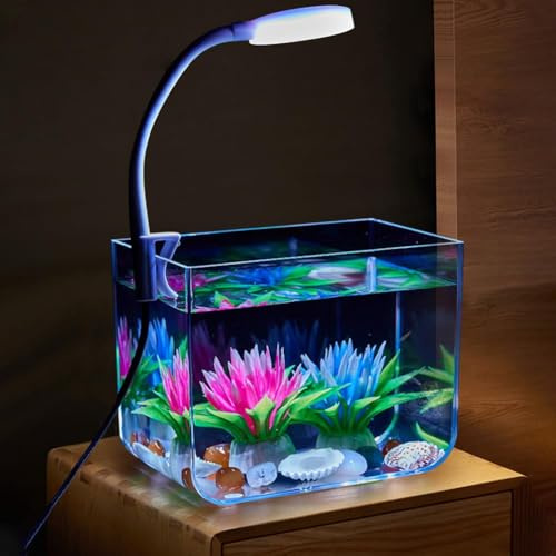 Garvee Mini Aquarium Set, Kleines Fischglas mit LED Klemmlampe & Filter, Quadratisches Nano Aquarium aus Transparentem Kunststoff, rutschfeste Basis, Starter Kit für Zuhause & Büro