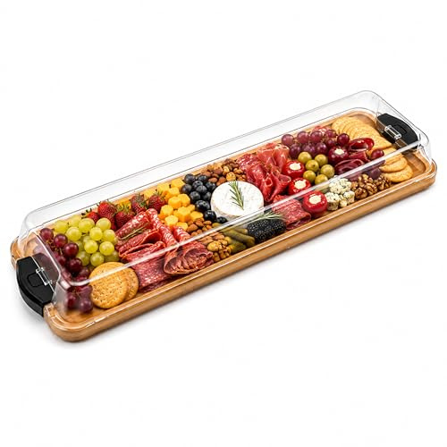 Große Käseplatte mit Deckel | Charcuterie Board - Servierplatte aus Bambus mit transparentem Schutzdeckel - Käseplatte für Party, Buffet, Picknick & Weihnachten