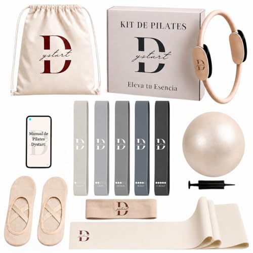 Kit Pilates en casa Beige Dystart, Gomas Elasticas Musculacion, Calcetines Antideslizantes, Pilates Accesorios, Bandas Elasticas de Resistencia y Musculacion, gym en Casa, Aro, Pelota, yoga accesorios