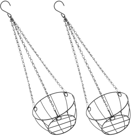 Angoily 2pcs Black Iron Hanging Planter Baskets for Balcony and Porch, round Wire Plant Holder with Chain for Indoor and Outdoor Home Decoration, Stylish Hanging Design for Plants