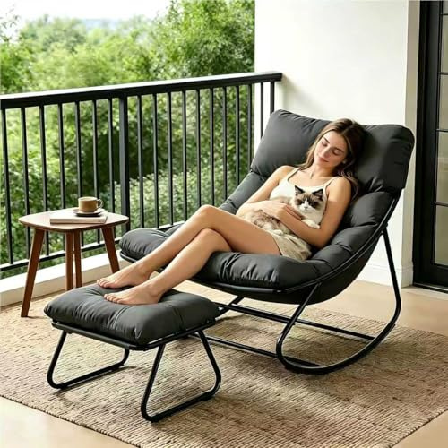 Fauteuil a Bascule avec Tabouret, Rocking Chair pour Intérieur, Extérieur, XXL Chaise a Bascule, Capacité 150 kg, Chaise à Bascule avec Coussin Rembourré, pour Salon, Jardin, Balcon (Gris)
