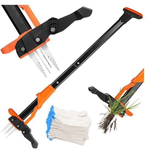 Akku-Grubber, Grubber, Unkrautentfernungsgerät, Robustes Gartengerät mit 4-Klauen-Stahlkopf, einziehbarem Griff und einfachem Auswurfmechanismus, for Klee und mehr, ohne Sich bücken zu müssen
