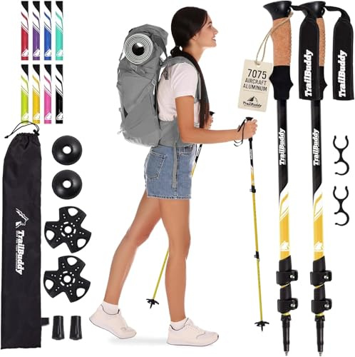 TrailBuddy Gångstavar – paket med 2 lätta, justerbara vandringsstavar för vandring, camping och backpacking – promenadkäppar med korkgrepp och vadderad rem