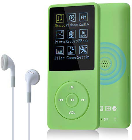 COVVY 8 Go/16 Go Lecteur de Musique MP3 Portable, Prend en Charge jusqu'à 64 Go de Carte mémoire SD, Son sans Perte, Lecteur MP3 HiFi, Musique/vidéo/Enregistrement Vocal/Radio FM (8G,Vert)