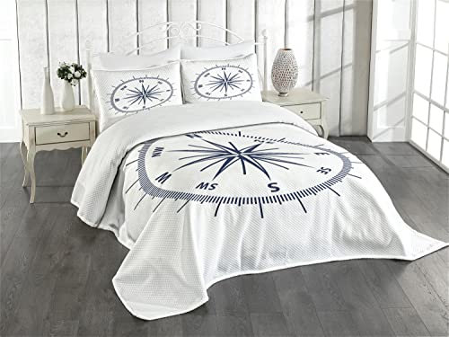ABAKUHAUS maritim Tagesdecke Set, Monochromatische Windrose Kunst, Set mit Kissenbezügen Waschbar, für Einzelbetten 170 x 220 cm,Marineblau Weiß