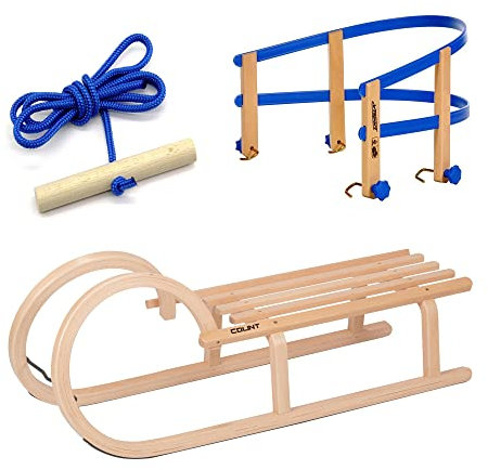 Colint Holzschlitten Rodel 100 cm Hörnerschlitten Leine Lehne Holz Schlitten Set