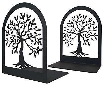 Tree of Life Decorative Book Ends, Heavy Duty Metal Bookends, Black Book Support for Shelves, Anti Scratch & Non-Skid School Library Book Organizer for Home Office Desk, Student Bookworms Gift,1 Pair