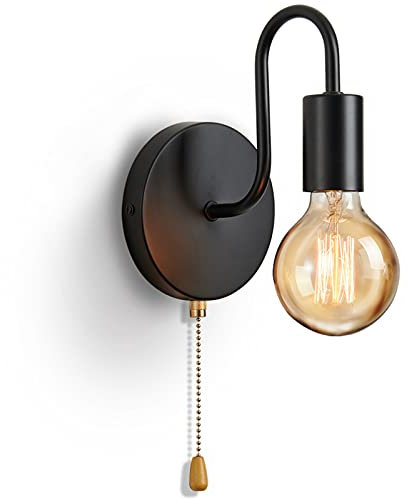 Lightess Applique da Parete Industriale Interno con Interruttore a Cerniera, Lampada da Parete Vintage E27, Applique Muro Metallo Nero per Corridoio Soggiorno, Senza Lampadina