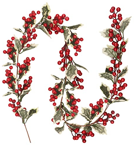 Fangoo Artificial Christmas Pine Garland Wreath with Red Berry Snowy Pine Needle Pinecones Spruce Eucalyptus Leaves Winter Greenery Garland for Christmas Fi Stairs Table Decorations (1.8M)