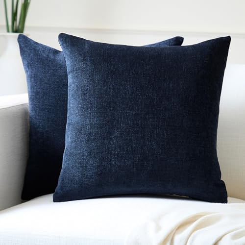 Encasa Homes 2 st. kuddfodral i chenille, marinblå färg, 40 x 40 cm, enfärgade, mjuka och släta kuddfodral, fyrkantig dekorationskudde på soffa, stol, säng och golv