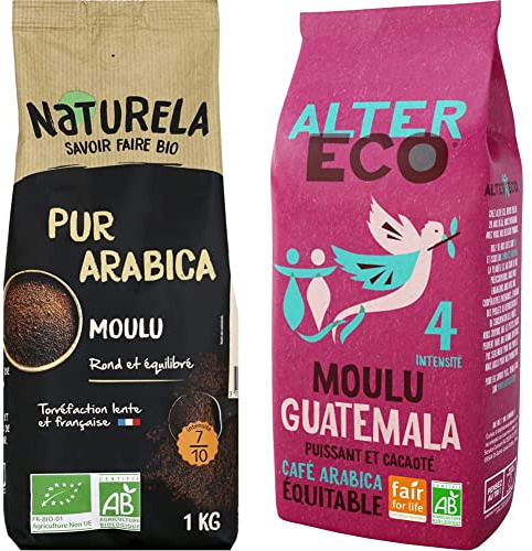 NATURELA - Café Bio Moulu Arabica, Torréfaction Lente, Fabriqué en France (1 kg) & ALTER ECO - Café Moulu Arabica du Guatemala, Intensité 4, Commerce Equitable (260g)