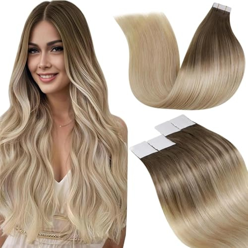 LaaVoo Tape in Extensions Echthaar Ombre Blond Echthaar Extensions Tape Balayage Hellbraun zu Ashblond Platinblond Remy Tapes Extensions Echthaar 20pcs #8/18/60 30g 30cm