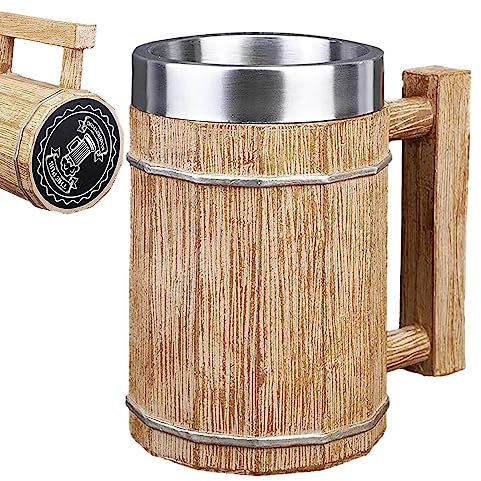 SHRIGM Boccale di Birra Rustico in Legno | Grande Tazza vichinga Ecologica in Finto Legno in Acciaio Inossidabile,Tazza in Acciaio Inossidabile da 600 ml per Cacao, Birra, caffè, Latte, Cocktail