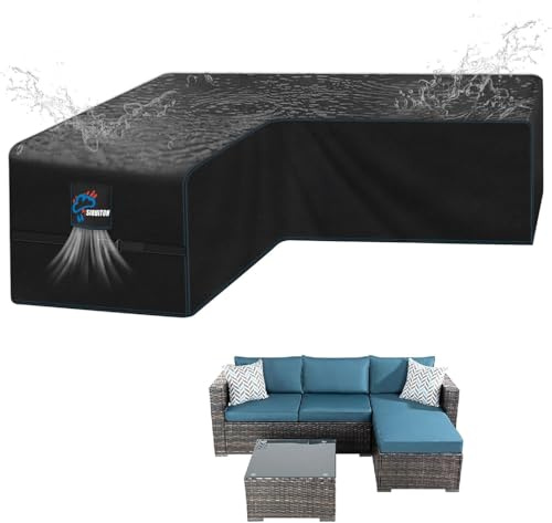 SIRUITON 270x270x90cm V-Shape Rattan Sofa Cover, Waterproof & Tear-Resistant 420D Oxford Fabric, Durable Outdoor L-Shaped Sofa Cover with Waterproof Tape,Garden Furniture Covers