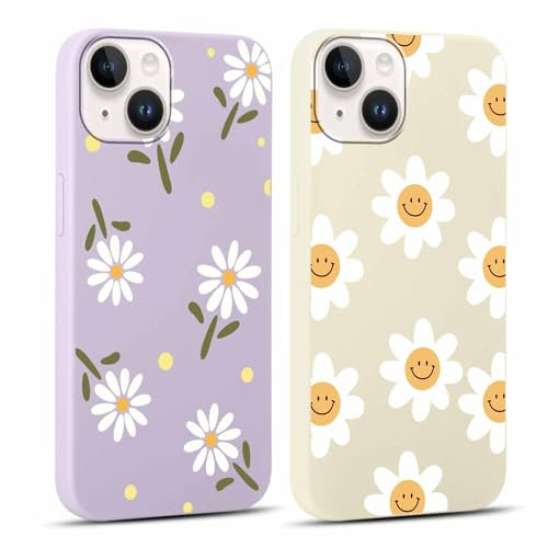 Yoedge 2 Stück HandyHülle für iPhone 14 / iPhone 13 Hülle 6,1, Mädchen Schutzhülle Blumen Muster Aesthetic Design,Frauen Geschenk Weich TPU Silikon Stoßfest Cover Case für iPhone 13, Lila Blume