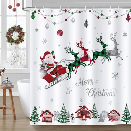 Bonhause Merry Christmas Shower Curtain Red and Green Check Plaid Santa Claus Sleigh Reindeer Bathroom Decor 72 x 72 Inch Polyester Fabric Waterproof Bath Curtain with 12 Hooks