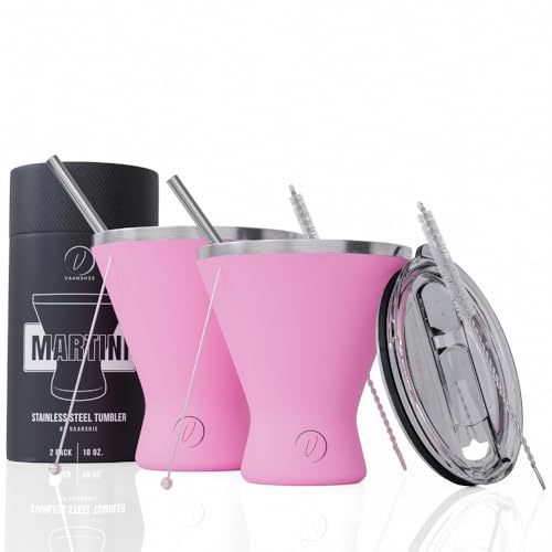vaanshie Stainless Steel Martini Glass [Pack of 2] – 10oz, Pink, Powder Coated, No Sweat, Double Wall Margarita Cup with Lid | Ideal for Valentines Day Gift