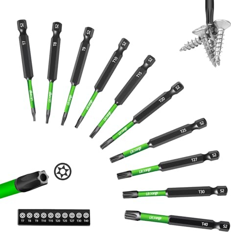 Litorange 10 Stück 75mm Torx mit Loch Bitsatz, Bits für Akkuschrauber | S2-Stahl, schwarz phosphatiert. 10 Stück T7-T40 (75mm). 1/4 Sechskantschaft magnetisch lang Schlagschrauber Bit Set