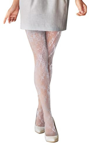 LANAFAY Kvinnors blommiga spetsbyxor, vita strumpbyxor för kvinnor, blommiga nätstrumpbyxor, perfekt för kjol, uniform, höga klackar (vit), Vitt och blått, M