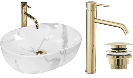 GTM Design Aufzatzwaschbecken mit Armatur - Waschbecken mit Hahn - Waschbeckenarmatur Gold - Aufzatzwaschbecken Oval - Waschbecken Weiß Marmor Glanz - Aufsatzwaschbecken mit Armatur komplett Set