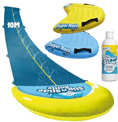 Slipn'Slide® 10 Meter XXL Pack | 1 Doppelspur Wasserrutschmatte 10 Meter + 2 Bodyboards + 1 Extra-Rutsch-Naturseife | Slip and Slide Rutschmatte | Wasserspiel für Kinder & Erwachsene | OriginalCup®
