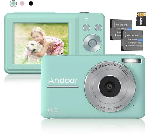 Andoer 44MP Compact Digital Camera with 32G TF Card, 16X Digital Zoom, Anti-Shake 1080P Vlogging Camera, Auto Focus, Portable for Kids, Teens, Adults, Mint Green