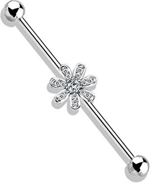 beyoutifulthings Industrial-Piercing Silber Blume Pavé Zirkonia Clear Industrial-Barbell Industrial-Bar Chirurgenstahl Stab-länge 38-mm